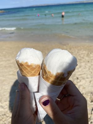 Vegan coconut and vanilla ice cream with vegan cone  at Willy Wallers Ice Cream Factory in St Ives