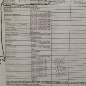 dietary requirements list on wall at Willy Wallers Ice Cream Factory in St Ives