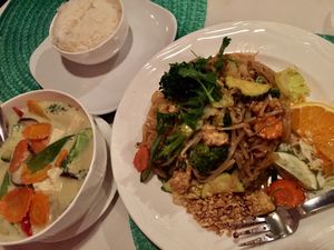 Vegan green curry and vegan pad Thai  at Bunn Thai Bistro in Grover Beach
