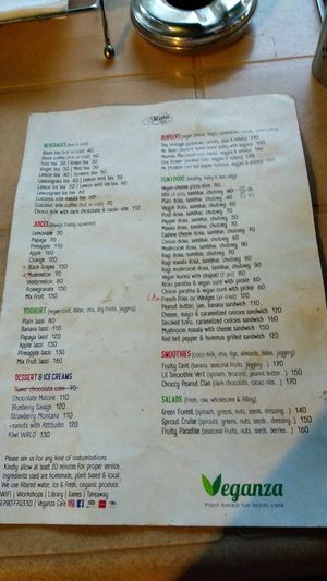 Menu as on August 15, 2019 at Veganza Cafe in Auroville