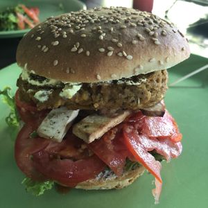 Smoked Tofu Burger at Veganza Cafe in Auroville