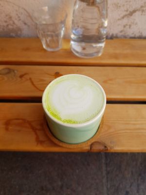 Delicious Matcha Latte with oat milk at haepinest in Innsbruck