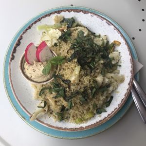 Quinoa bowl (asked for a vegan version, hummus instead of feta) at haepinest in Innsbruck