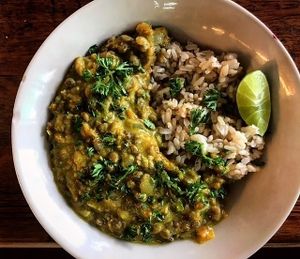 Green curry lentil dal with brown rice at Capana in Koh Phangan