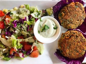 Lentil patties with homemade sauce and mixed side salad at Capana in Koh Phangan