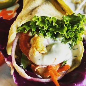 Tofu and avocado wrap with homemade turmeric wrap at Capana in Koh Phangan