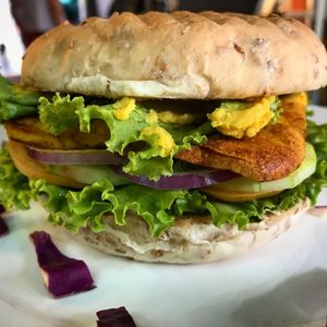 Tofu burger with chickpea cheese at Capana in Koh Phangan