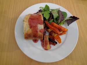 Wellington with roasted vegetables and red wine jus. at Crazy Bean Cafe in Great Bookham