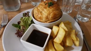 Butternut squash, leek and mushroom pie with chips at Crazy Bean Cafe in Great Bookham