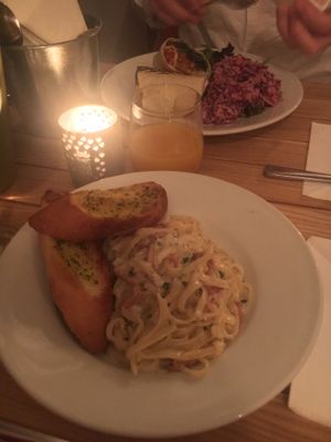 “Carbonara” and chilli burrito (with extra coleslaw!) at Crazy Bean Cafe in Great Bookham