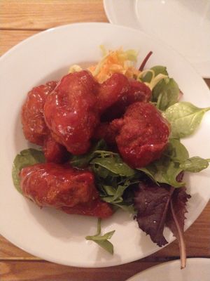 Deep fried cauliflower wings with spicy sauce at Crazy Bean Cafe in Great Bookham