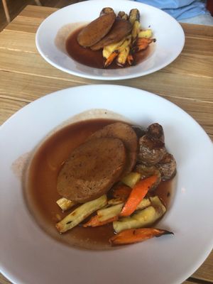 Sunday roast! Seitan with veg, potatoes and red wine gravy. at Crazy Bean Cafe in Great Bookham