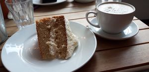 Cake and soya latte at Crazy Bean Cafe in Great Bookham