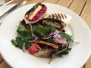 Bbq tofu wrap with lime slaw and salad  at Crazy Bean Cafe in Great Bookham