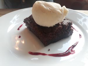 Brownie with ice cream at Crazy Bean Cafe in Great Bookham