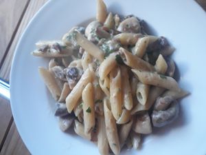 Mushroom penne with creamy truffle sauce at Crazy Bean Cafe in Great Bookham