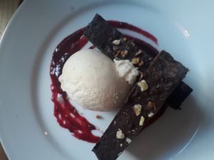Chocolate hazelnut torte with ice cream at Crazy Bean Cafe in Great Bookham