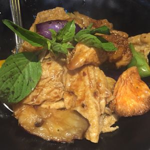 Monkey head mushroom with bean curd and eggplant  at The Veggie in Kowloon