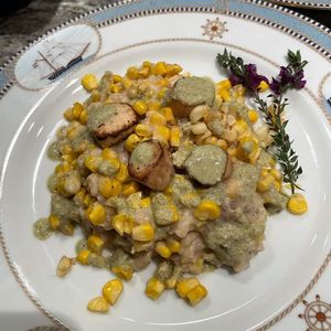 Corn Risotto with vege "scallops" at Pirate Palms Plant-Centered Retreats in Naples