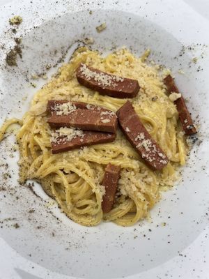 Vegan spaghetti alla carbonara… a culinary masterpiece  at Origano Campo de' Fiori in Rome