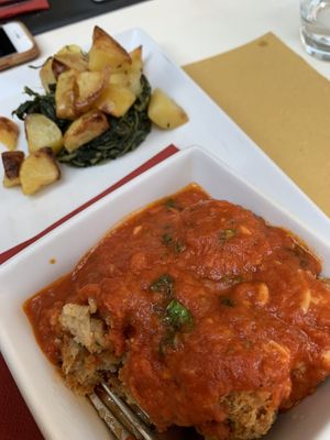 Vegan meatballs with potatoes and spinach  at Origano Campo de' Fiori in Rome