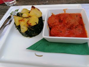 Great 'meatballs' with a spicy sauce and amazing spinach at Origano Campo de' Fiori in Rome