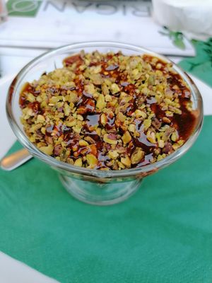 Chocolate mousse with pistachio and salted caramel 😋 at Origano Campo de' Fiori in Rome