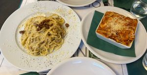 Vegan carbonara and vegan lasagna  at Origano Campo de' Fiori in Rome