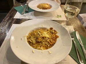 Vegan fettuccini with seitan and parmesan   at Origano Campo de' Fiori in Rome