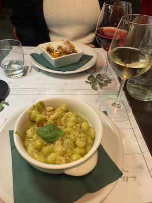 Vegan pesto gnocchi (dish behind it not vegan)   at Origano Campo de' Fiori in Rome