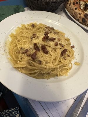 Carbonara with Seitan “bacon"  at Origano Campo de' Fiori in Rome