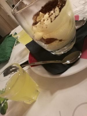 The star of every evening - vegan Tiramisu, plus limoncello. We usually shared one because after pizza one of these individually would've been challenging. But - so good. So good. at Origano Campo de' Fiori in Rome