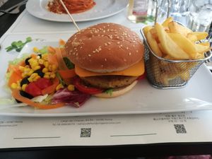 Burger with fries and salad (unfortunately, no dressing).  at Origano Campo de' Fiori in Rome
