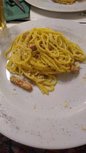 Vegan spaghetti carbonara at Origano Campo de' Fiori in Rome