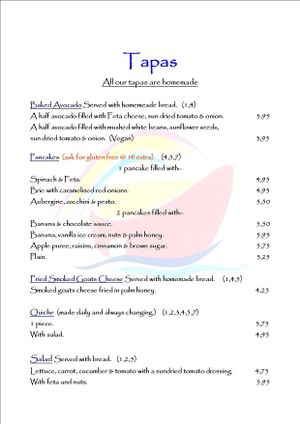 menu at Noah's Ark in La Gomera