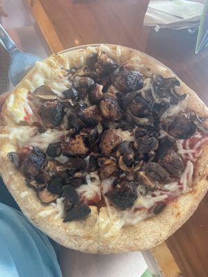 Build your own pizza. Small with vegan cheese, tempeh, and roasted mushroom trio   at Mellow Mushroom in Wrightsville Beach