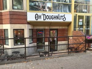 Exterior of shop (located down some stairs). at Oh Doughnuts in Winnipeg