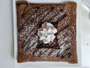 Dessert galette with strawberries and dark chocolate at Delice & Sarrasin in New York City
