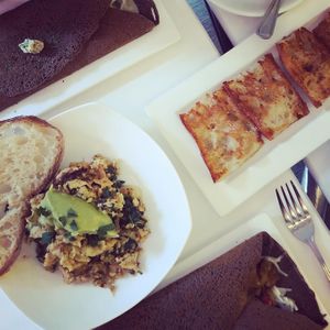 Oeufs brouilles au crabe were outta this world, every crepe I’ve had has been amazing, and we still talk about this French toast.  at Delice & Sarrasin in New York City