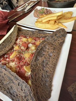 LA PAYSANNE CREPE- Bacon (dried beans) , Tomato, Onions, Potatoes & Emmental Cheese (cashew based). GF & SF #Veganuary at Delice & Sarrasin in New York City