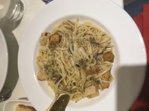 vegan ";seafood"; pasta at Delice & Sarrasin in New York City