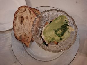 Layered "salmon" with creamy avocado and garlic cheese. at Delice & Sarrasin in New York City