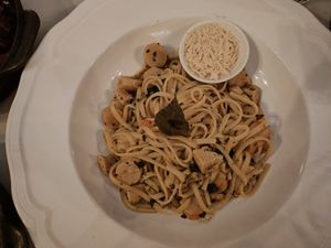 Tagliatelle pasta with "sea food" melange at Delice & Sarrasin in New York City