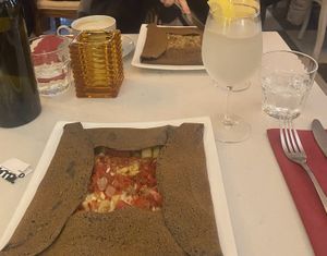 2 savoury crêpes accompanied by a lemonade and a macadamia nut milk cappuccino   at Delice & Sarrasin in New York City