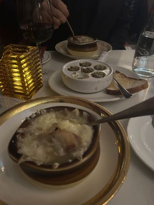 French onion soup and escargot’s   at Delice & Sarrasin in New York City
