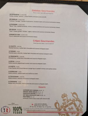 Crepes and dessert menu at Delice & Sarrasin in New York City