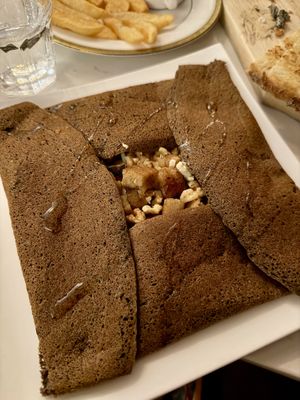 Savory chicken crepe (can’t see in pic but actually the best vegan cheese ever inside)  at Delice & Sarrasin in New York City