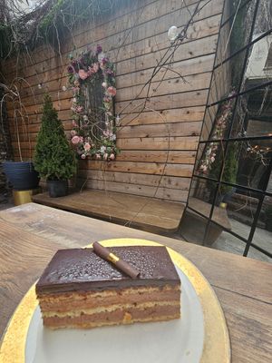 Opera cake on the patio at Delice & Sarrasin in New York City