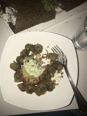 Crab cake!! The texture, flavor and look is like a good Maryland Crab cake not one of those bread filled imitations!! at Delice & Sarrasin in New York City