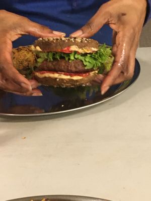 House made Choice Burger on Dehydrated Bagel at Longevity Foods in Duvall